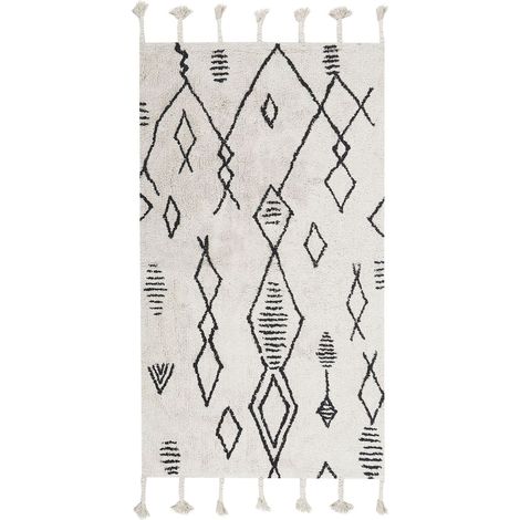 Tappeto cotone nero e bianco sporco 80 x 150 cm motivo geometrico orientale Kebir