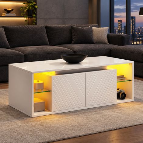 Tavolino da caffè bianco 100x50x41 cm in truciolato con LED e vano contenitore - CHICFURN (1/5)