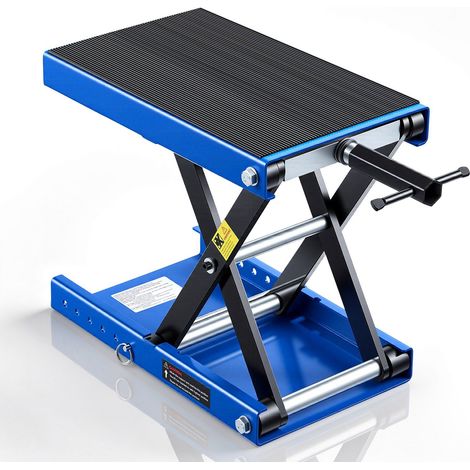 Cric élévateur à ciseaux pour moto 499 kg, large plateau, verrouillage sécurisé, levage 95 à 340 mm, acier, bleu/noir. (1/5)
