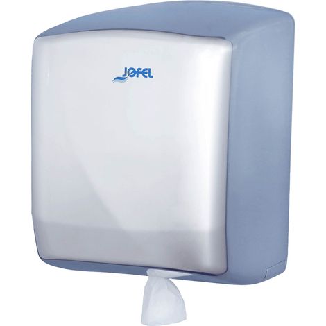Jofel - Dispenser per rotoli di carta fino a 205 mm a stoppino continuo, rullo speciale per erogazione centrale, massima igiene, alloggiamento in acciaio, Futura AG45500, acciaio inox. Brillante (1/3)