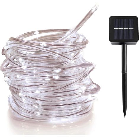GROOFOO 12 M 100 LED Chaîne lumineuse de jardin solaire, tuyau de lumière LED étanche IP65, Chaîne lumineuse extérieure, Chaînes lumineuses LED pour mariage, fête et Noël, lumières de Noël (blanc froi (1/4)