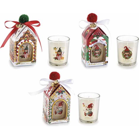 Candele profumate di Natale in bicchiere di vetro decorato con elfi di Natale e in scatola regalo, set da 8 pezzi, Candela: Ø 5,5 cm x 6,5 H