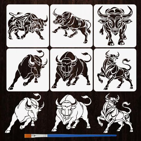 6Pièces Pochoirs Taureau Style Western Avec Un Pinceau 15x15cm Pochoirs De Peinture Taureau Puissant et Imposant Thème Animaux Modèle PET pour Peinture Sur Bois Sol Mur Tissu Meubles DIY (1/5)