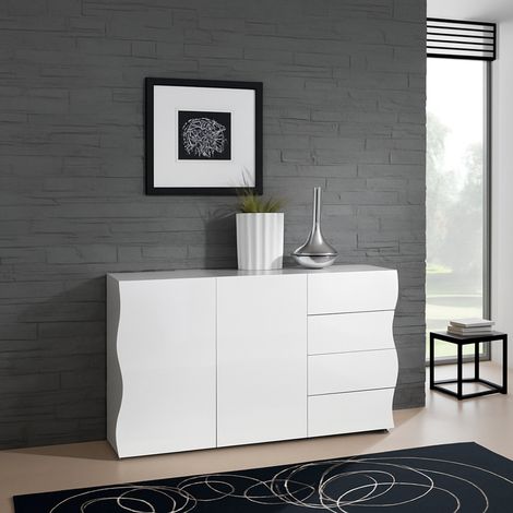 Dmora - Kommode Dmarasc, Küchen-Sideboard mit 2 Türen und 4 Schubladen, Wohnzimmer-Buffet, 100 % Made in Italy, cm 124x40h81, glänzend weiß (1/4)
