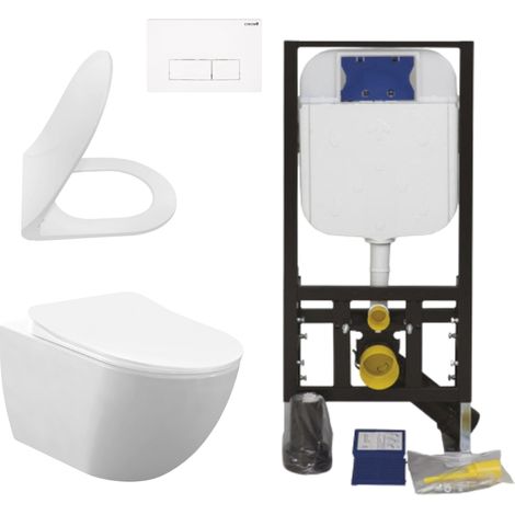 Creavit Hänge WC Set Weiß spülrandlos Rim-Off 48,5 cm Softclose Sitz Vorwand Spülkasten 3/6 L Unterputz Komplettset (1/5)