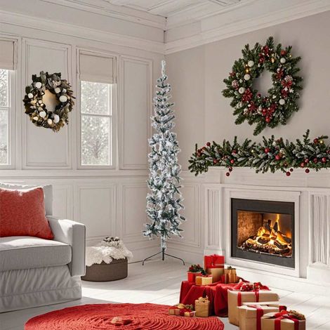 Albero Natale Albero natalizio Albero festivo Artificiale Sottile a Metà Neve Fioccata 180 cm (1/5)