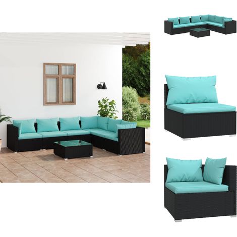 The Living Store Salon de jardin 7 pcs avec coussins Résine tressée Noir - Canapé d'angle (1/5)