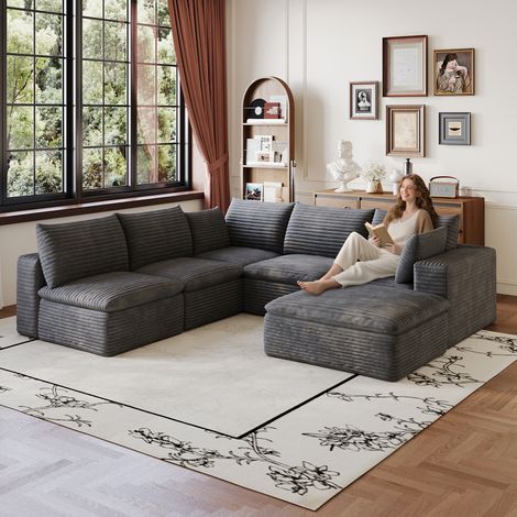 Canapé Cloud 260 × 250 cm en velours côtelé, structure à double couche, housse amovible, livré monté – idéal pour salon, chambre, salle de conférence et appartement, coloris gris foncé. (1/5)
