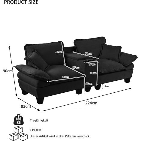Canapé modulaire Cloud 2 coussins porte-gobelets rangement chenille noir 200x80x70cm