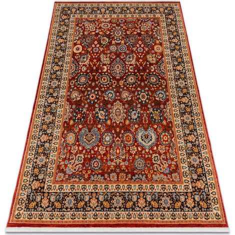 Teppich Wolle KESHAN Franse, Ornament, Rahmen orientalisch 7573/53577 rotwein / dunkelblau multicolour 80x145 cm