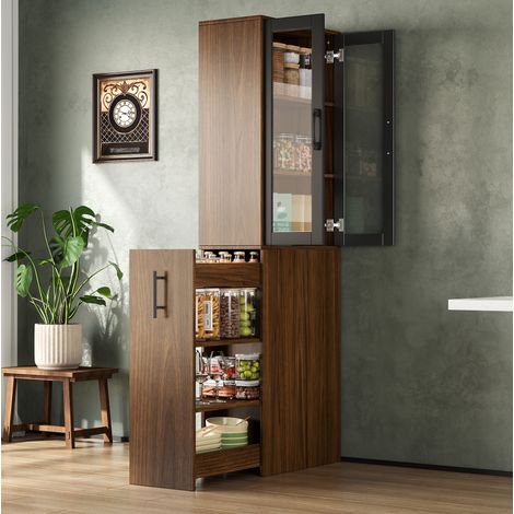 Alacena de cocina estrecha 60 x 30 x 180 cm con puertas de cristal y ruedas HAVRYA (1/5)