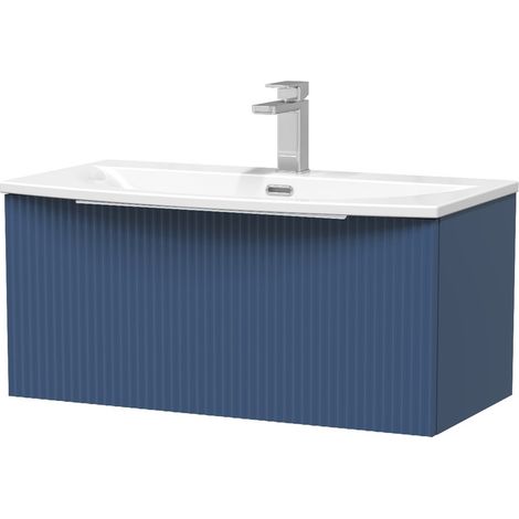 Hudson Reed Fluted Satin Blue 800mm Wall Hung Single Drawer Vanity Unit and Curved Ceramic Basin - DFF396G (1/2)