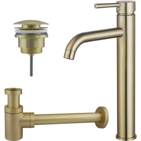 Fortifura Calvi Kit mitigeur lavabo - robinet rehaussé - bonde clic clac - siphon design bas - PVD Laiton brossé