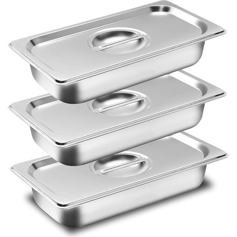 Set mit 3 GN 1/3 Edelstahl-Panierschüsseln mit Deckel, rechteckige Behälter für Fleisch, Koteletts, Fisch und Speisenzubereitung, 32,5 x 17,5 x 6,5 cm (1/5)