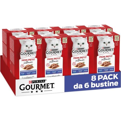 GOURMET Mon Petit Intense Cibo Umido per Gatti Adulti Filettini in Salsa con Tonno, Salmone e Trota 48 Buste da 50g (1/5)