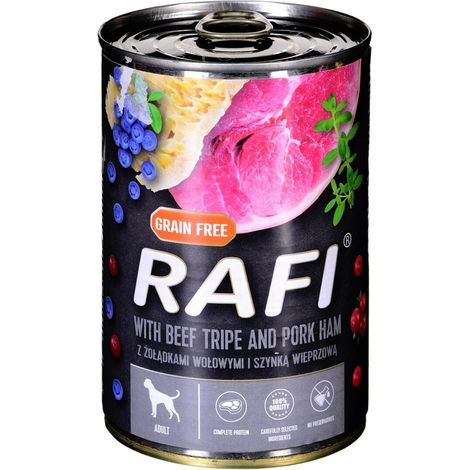 Alimento húmedo para perros Rafi. Estómagos de res con jamón 400 g.