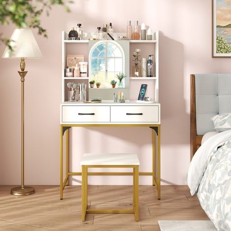 Rangement beauté au quotidien, coiffeuse avec miroir, 2 tiroirs et station de charge pour chambre, blanc (1/5)
