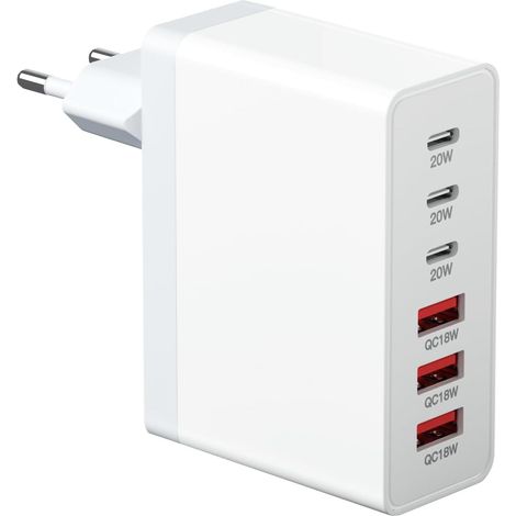 Chargeur USB C 20W, GaN 6 Ports 20W avec 3 Ports USB-c et 3 chargeurs USBA Prise USBC Compatible avec iPhone 11/12/13/14/15/16 Pro Max/Galaxy S24/S23/S22/S21/Google/Tablette (1/5)