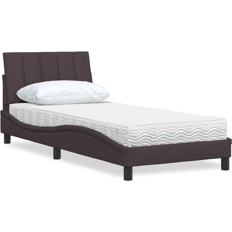 Lit avec matelas 80 x 200 cm en tissu marron foncé, sommier à lattes - PANGIVO (1/5)