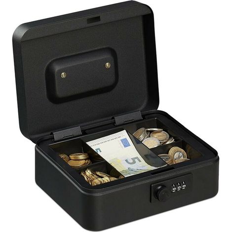 Coffret à monnaie, avec Combinaison à 3 Chiffres, Rangement d’Argent en Fer, H x L x P 8,5 x 20 x 17 cm, Noir