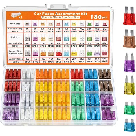 Lot de 180 fusibles de voiture mixtes avec coffret de rangement et extracteur de fusible pour voiture, camping-car, camion, moto (1/5)