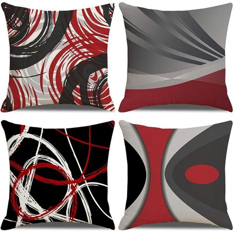 Taie D Oreiller - 45x45 Cm - Motif Geometrique Rouge Noir - Coton Doux - Pour Canape Lit Chambre Jardin - Lot De 4 (1/5)