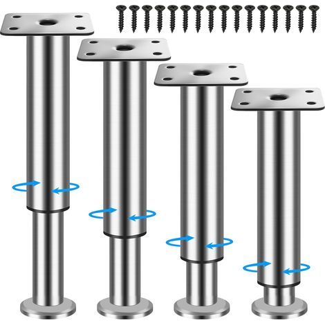 Lot de 4 pieds de meubles réglables en acier inoxydable - En métal - Hauteur réglable - Chromé - 12-18 cm - Diamètre 38 mm - Pieds de lit - Pour meubles, canapé, canapé, rehausseur de meubles (1/5)