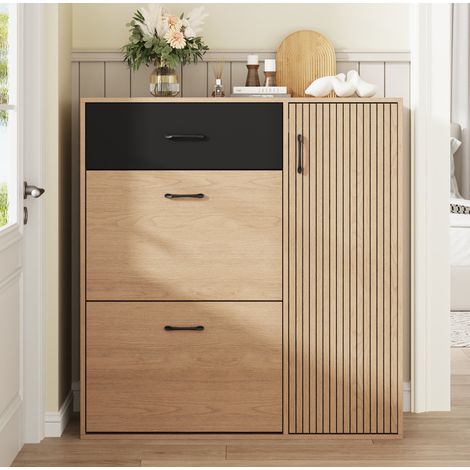 Mobile porta scarpe stretto 100 x 35 x 106 cm, 1 cassetto, 2 ribalte, naturale e nero DESVIAE (1/5)