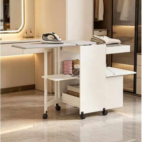 Mobile da stiro pieghevole con ruote, piano 99x41 cm, ante a chiusura soft, bianco HAVRYA (1/5)