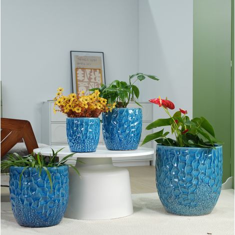 Lot de 4 pots de fleurs en céramique bleue, relief martelé et trous de drainage HAVRYA (1/5)
