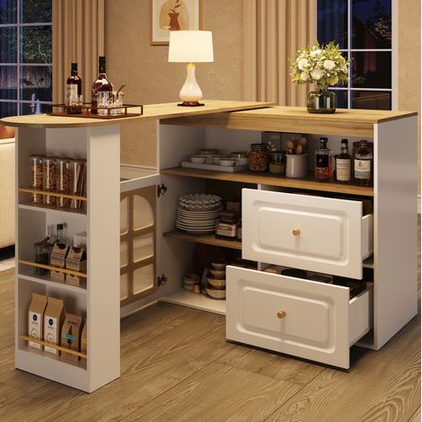 MEUBLIV Weißes Sideboard 138-204 cm, 360° drehbar, 2 Schubladen, offenes Fach (1/5)