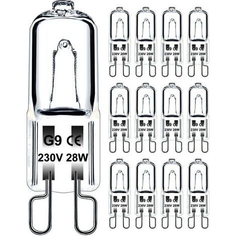 Bombilla G9 de 28 W y 230 V, regulable, luz blanca cálida, lámpara halógena G9 resistente al calor hasta 300 °C, lámpara G9 para horno microondas, cocina y luces de techo, paquete de 12 [Clase energét (1/4)