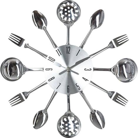 Atmosphera – Pendule en métal Ø38cm – Effet aluminium brossé – Design original avec ustensiles de cuisine – Pour intérieur uniquement (1/3)