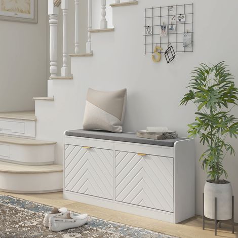 Banc à chaussures, banc de rangement, assise rembourrée, tiroir rabattable, porte avec motif 106 x 24 x 52,5 cm, blanc (1/5)