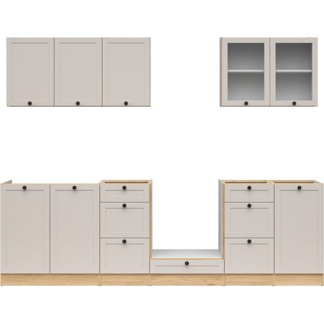 Cuisine complète 260 cm,Ensemble de meuble de cuisine coloris chêne Bernstein/Uni cachemire, plan de travail non inclus (1/4)