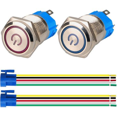 Stück verriegelbare Drucktaster, 1Ö1SCH, wasserdicht, Edelstahl, 220V-230V/5A, LED-beleuchteter Schalter mit Netzstecker, geeignet für 16mm Montagebohrung (Blau+Rot)