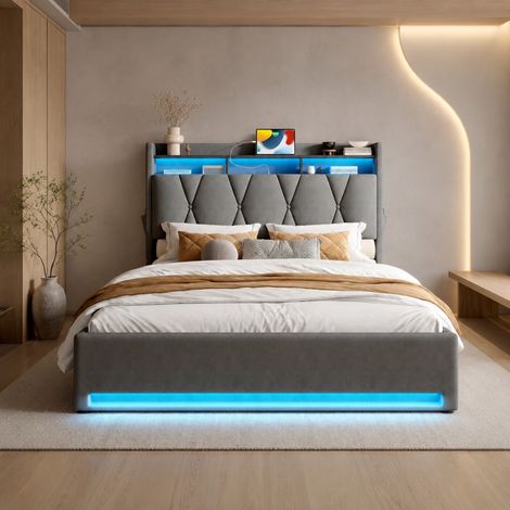 Cama tapizada abatible 221x150x116.5 cm, con LED, USB y Type-C, cabecero con almacenaje, terciopelo gris (1/5)