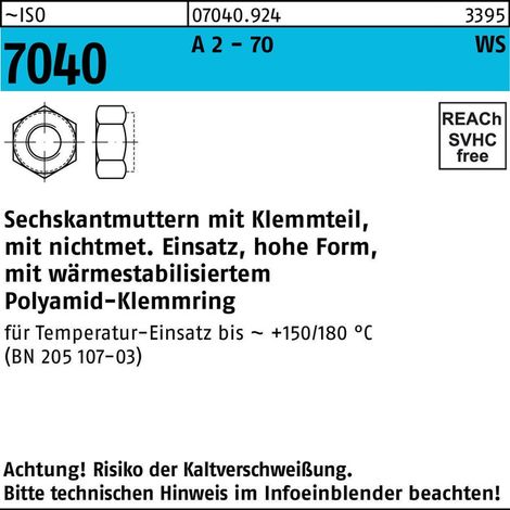 Selbstsichernde Sechskantmutter ISO 7040 M 16 x 2 Edelstahl A2 blank 25 Stk (1/2)
