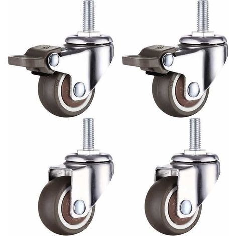 XVX Set of 4 small furniture casters - 25 mm - Soft rubber type - M6 x 15 mm - Thread (2 pieces with brake) (25 mm) (1/5)