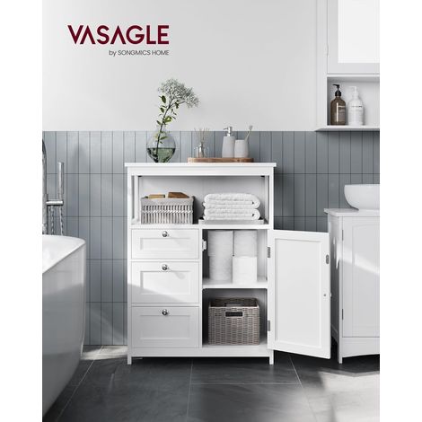 VASAGLE Mobile da Bagno, Armadio da Bagno, Armadietto Autoportante, con 3 Cassetti, Ripiani Regolabili, 30 x 60 x 80 cm, Bianco
