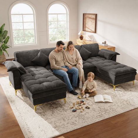 canapé d'angle en U 4 places,canapé panoramique modulaire en chenille,2 méridiennes et 2 coussins,assise double couche effet nuage,pieds en métal doré,canapé moderne pour salon,coloris gris (1/5)
