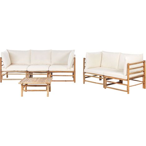 Ensemble de Jardin Boho Canapé 3 places et Canapé 2 Places Modulable avec Table Basse en Bambou et Coussins Blanc Cassé Cerreto (1/5)