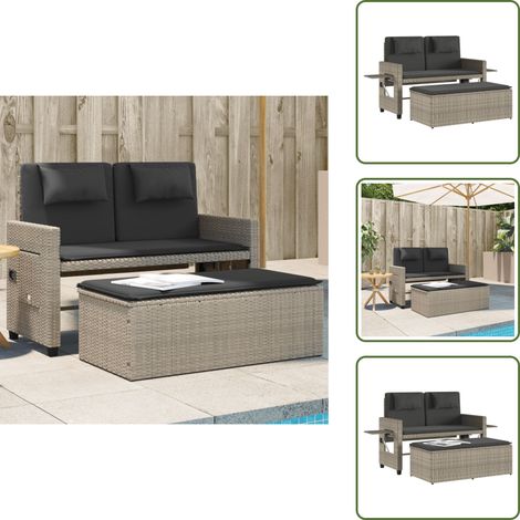 The Living Store Banc inclinable de jardin et coussins gris clair résine tressée - Banc De Jardin - Meuble De Jardin - Chaise Longue - Salon De Jardin - Ensemble De Jardin