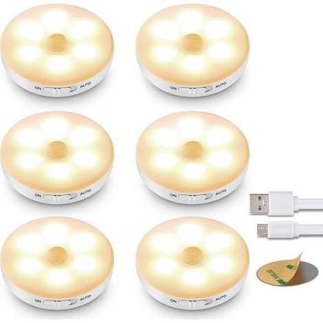 Lot de 6 lampes LED avec détecteur de mouvement, lumières LED à batterie rechargeable, éclairage intérieur avec bande magnétique adhésive pour éclairage armoire, escalier, cuisine, garage, etc [ (1/5)