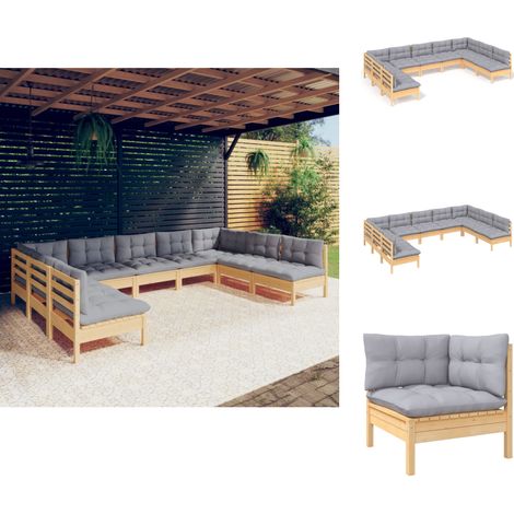 Gartenmöbel-Sets - Living 9-tlg. Garten-Lounge-Set mit Grauen Kissen Kiefer Massivholz (1/5)
