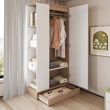 Kleiderschrank mit Schubladen und Einlegeböden, eintüriger Schrank 70x40x170cm, schmaler Garderobenschrank aus Holz, Naturholzfarbe und Weiß (1/5)