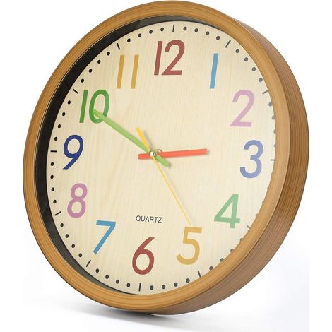 Horloge murale pour enfants, 30 cm (12 pouces), mouvement silencieux, chiffres colorés, sans tic-tac, facile à lire, accessoires de décoration. (1/3)