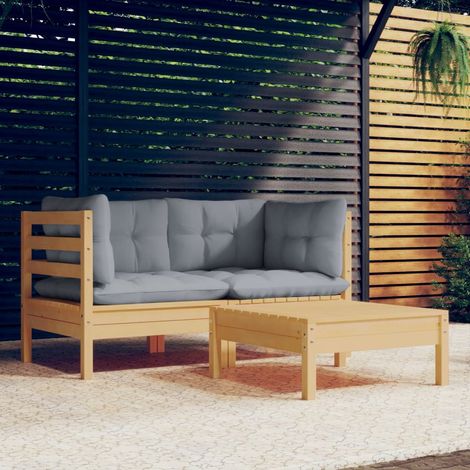 3-tlg. Garten-Lounge-Set mit Grauen Kissen Kiefernholz (1/5)