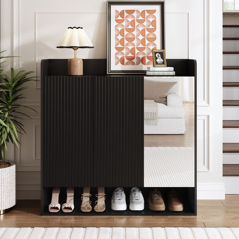 Meuble à chaussures, 110x35.5x110 cm, Armoire d'entrée avec miroir en pied et portes à rayures verticales, avec étagères réglables, Noir (1/5)