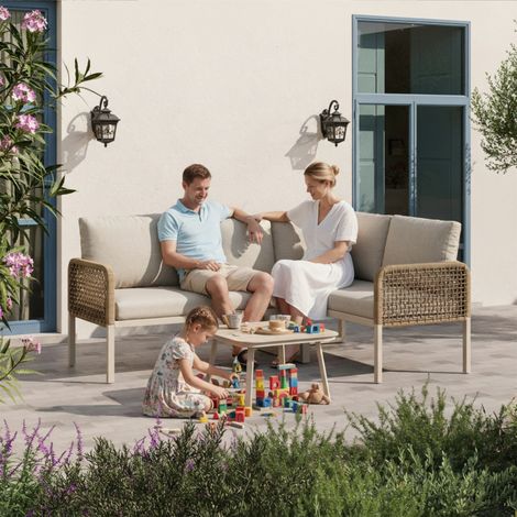 Outdoor Garden Corner Sofa Set 4-Seater Modular Rattan Effect Patio Furniture with Wood-look Glass Coffee Table, Beige Weatherproof Polyester Rope Lounge Set for Balcony, Terrace & Backyard